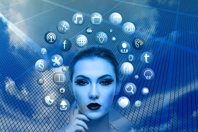 frau, gesicht, natur, social media, gedanken, kopf, anwendungen, apps, social-media-anwendungen, symbole, kreis, baum, netzwerke, internet, sozial, soziales netzwerk, facebook, google, vernetzung, multimedia, blau