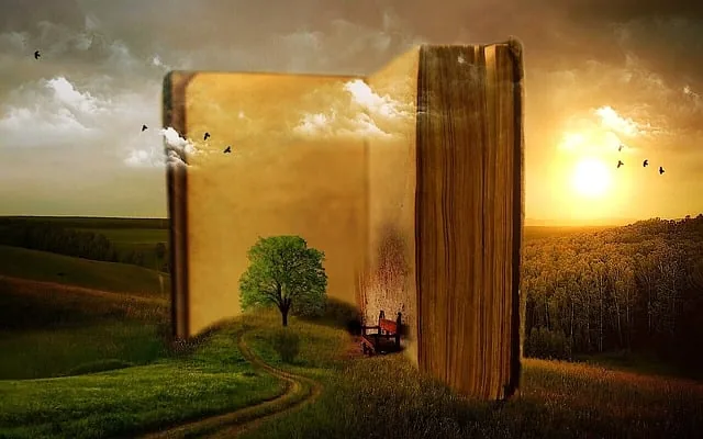 buchen, alt, surreal, fantasie, seiten, offenes buch, kapitel, baum, weg, felder, natur, wiesen, geschichte, geschichtenbuch, fotomontage, foto-manipulation, wolken, landschaft, altes buch, lesen, antiquität, lernen, antiquarisch, lederrücken