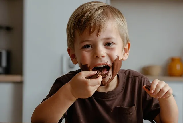 kind, junge, schokolade, essen, spaß, schmutzig, chaotisch, verschmiert, heiter, glücklich, naschkatze, die gesundheit, hohlräume, zähne, ernährung, bildung, essgewohnheit, blondine, küche, morgen, ai generiert