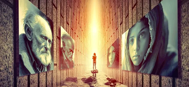 ausstellung, bilder, galerie, wand, mädchen, jung, mann, alt, kontrast, gegensätze, licht, gang, perspektive, raum, leuchten, emotion, portrait, gesicht, kopf, menschen, ai erzeugt