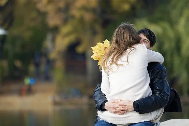 couple, embracing, nature, place, park, lake, affect, love, romantic