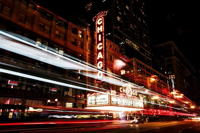 city, urban, buildings, downtown, illinois, chicago, chicago theatre, theater, landmark, historic, neon, signs, night, evening, cityscape, lights, glow, reflections, street, entertainment, traffic, long exposure, chicago, chicago, chicago, chicago, chicago